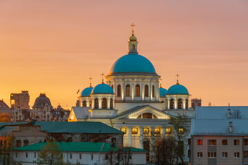 View of the Cathedral of the Kazan Icon of the Mother of God against the pink dawn sky, Kazan, Republic of Tatarstan, Russia
