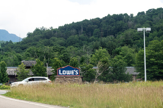 Banner Elk, USA - June 23, 2021: Local Lowe's home improvement store shop sign business in NC North Carolina near Sugar and Beech Mountain Village