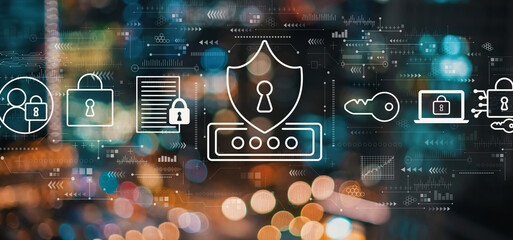 Cyber security theme with blurred city abstract lights background
