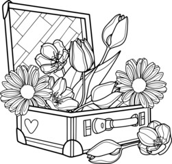 Coloring page for adult and children. Flowers in a suitcase