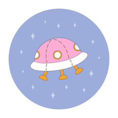 isolated alien ship space emblem, icon in flat style in bright colors