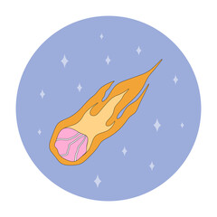 isolated flying comet, space emblem, icon in flat style in bright colors