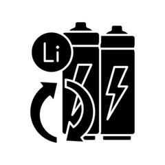 Battery metals recovery black glyph icon. Prevent lithium spent. Reuse resources form accumulators. Environmentally friendly technology. Silhouette symbol on white space. Vector isolated illustration