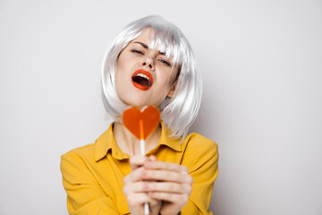 beautiful woman in white wig lollipop fashion