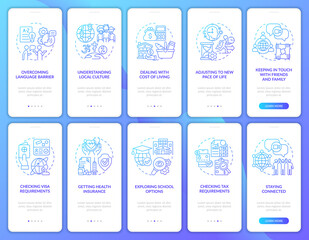 Expats blue gradient onboarding mobile app page screen set. Struggles and adjusting walkthrough 5 steps graphic instructions with concepts. UI, UX, GUI vector template with linear color illustrations