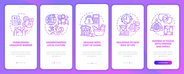 Expats struggles purple gradient onboarding mobile app page screen. Walkthrough 5 steps graphic instructions with concepts. UI, UX, GUI vector template with linear color illustrations
