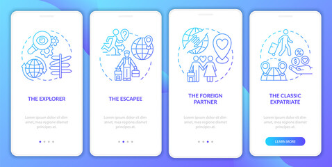 Expats types blue gradient onboarding mobile app page screen. Moving abroad reasons walkthrough 4 steps graphic instructions with concepts. UI, UX, GUI vector template with linear color illustrations