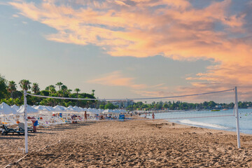 beach volleyball playground on the beach. No People. Cloudy Sky. 