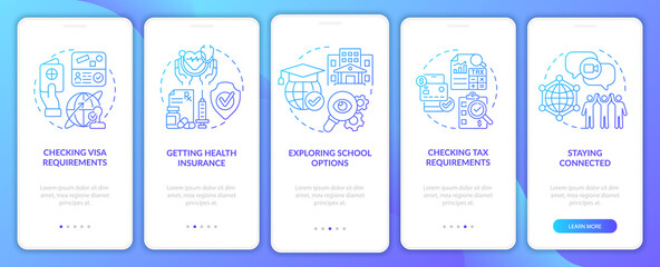 Things to consider when moving blue gradient onboarding mobile app page screen. Walkthrough 5 steps graphic instructions with concepts. UI, UX, GUI vector template with linear color illustrations
