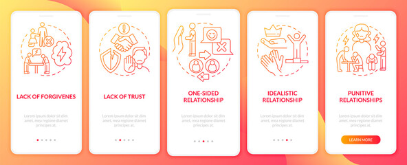 Abuse types onboarding mobile app page screen. Punitive partner. Lack of trust walkthrough 5 steps graphic instructions with concepts. UI, UX, GUI vector template with linear color illustrations