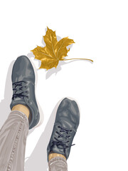Woman legs in sneakers and autumn leaf isolated on white background. Seasonal concept
