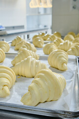Beautiful raw croissants before baking on a baking sheet. Bakery production. Classic French pastries. High quality photo