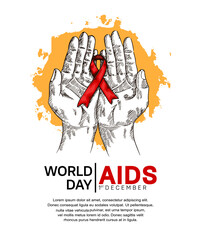 World AIDS Day with hand holding red ribbon hand drawn style. Vector can be use for poster, campaign and banner