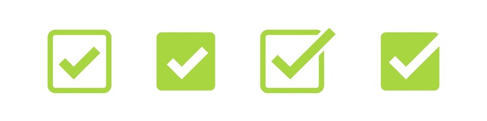 Checkmark icon set. Green check mark vector sign. Checkmark  sign isolated on white background. Yes tick in checkbox.