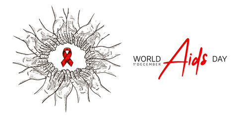 World AIDS Day with hand and red ribbon hand drawn style. Vector can be use for poster, campaign and banner