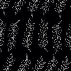 Seamless pattern line art white color sprig branch with leaves on a black background. For textiles, advertising, packaging