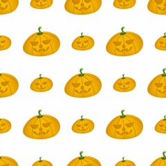 Seamless pattern evil halloween yellow orange pumpkins with faces on a white background. For packaging, advertising, design