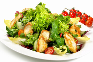 Mixed Salad with grilled Turkey Breast isolated on white Background