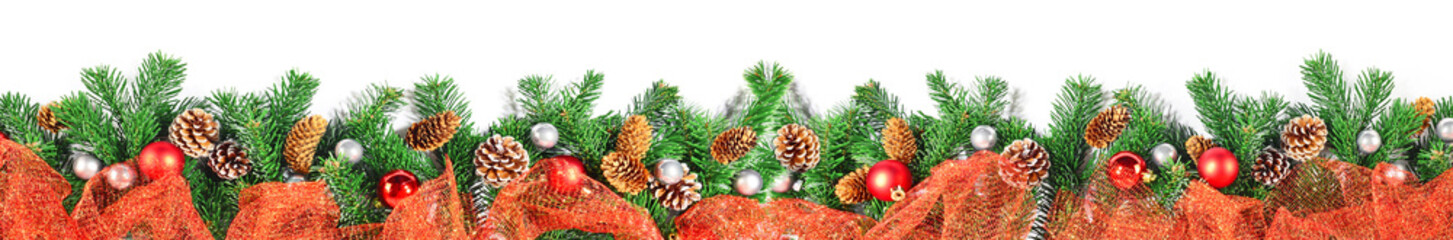 Christmas Fir Branches with Christmas Decoration - Super Wide Panorama Banner isolated on white...