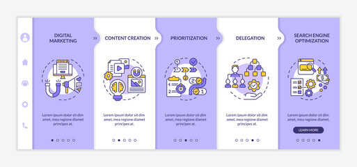 Online entrepreneurial skills onboarding vector template. Responsive mobile website with icons. Web page walkthrough 5 step screens. Search engine optimization color concept with linear illustrations