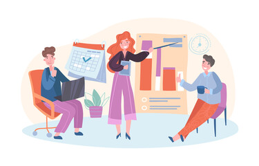 Concept of office workers. Girl makes presentation to her colleagues. Analytical department. Employees look at graphs and charts. Marketing research, workflow. Cartoon flat vector illustration