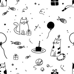 Seamless pattern. Cute black cats. Happy birthday, gifts, party, cake with candle, fish, balloon, confetti. Great for postcards, stickers, fabric and textile. White isolated background. - 471485371