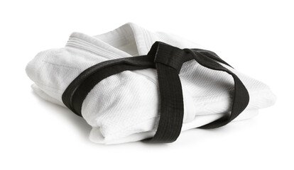 Martial arts uniform with black belt on white background