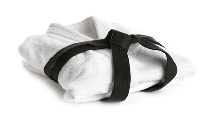 Martial arts uniform with black belt on white background © New Africa