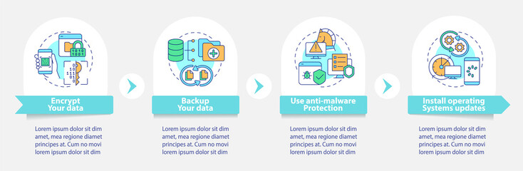 Ways to protect data online vector infographic template. Safety presentation outline design elements. Data visualization with four steps. Process timeline info chart. Workflow layout with line icons