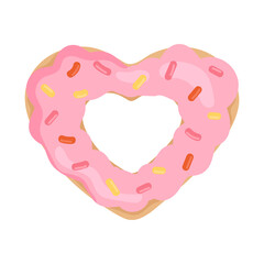 Cartoon heart shaped donut with pink glaze on white background. Love and Valentine's Day concept.