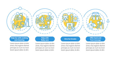 Support during pregnancy vector infographic template. Offer massage presentation outline design elements. Data visualization with 4 steps. Process timeline info chart. Workflow layout with line icons
