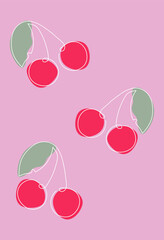 Summer bright pink print with cherries in a minimalist fine art style