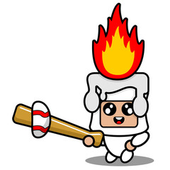 cartoon vector illustration of cute fiery white wax mascot costume character playing baseball