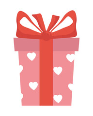 Colorful gift box with ribbon and hearts on white background. Happy Valentine's Day.