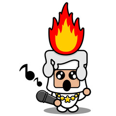 cartoon vector illustration of cute white fiery wax mascot costume character singing