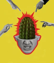  Contemporary art collage of irritating man's head forming flower pot and hands touching cactus isolated over yellow background © master1305