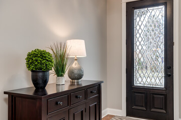 An entryway to a large home with plants and a lamp sitting on top of a cabinet with the glass front door behind.