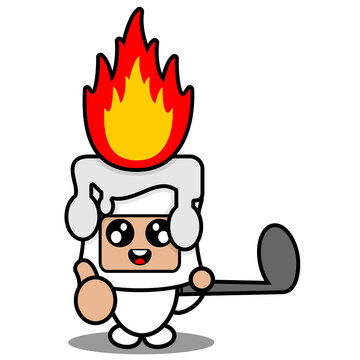 cartoon vector illustration of cute fiery white wax mascot costume character playing golf