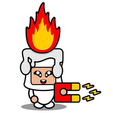 cartoon vector illustration of cute fiery white wax mascot costume character holding a magnet