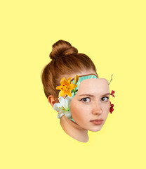 Contemporary art collage of beautiful young tender girl with blooming face part elements isolated over yellow background