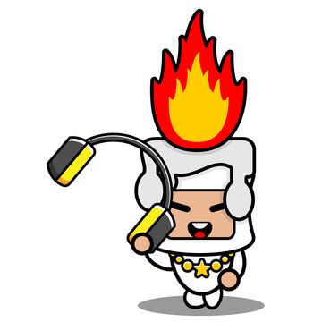 cartoon vector illustration of cute fiery white candle mascot costume character listening to music
