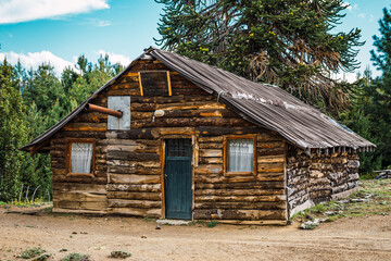 Fototapeta na wymiar Old wooden hut of native people next to Auracauria (Pehuen),