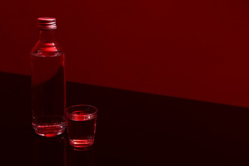 Bottle and glass with vodka on table against red background, space for text