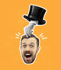 Creative contemporary art collage of joyful man appearing from black magic hat isolated over orange background