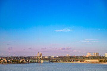 Summer sunset panorama city Kazan embankment and bridge, Republic of Tatarstan. Concept Travel Beautiful Russia