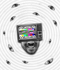 Contemporary design of man's head with bad signal TV set and eyes arounf isolated over white background