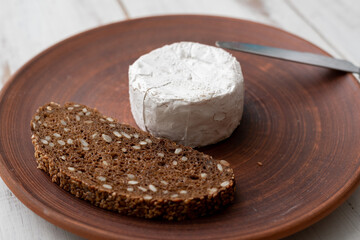 Grain bread and blue cheese on a brown clay plate. Cooking snacks.