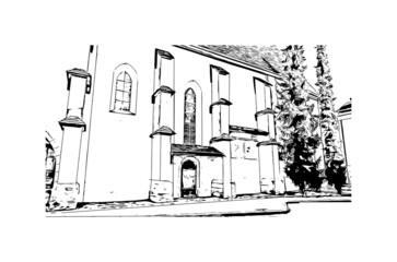 Building view with landmark of Lienz is the 
town in Austria. Hand drawn sketch illustration in vector.