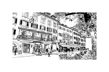 Building view with landmark of Lienz is the 
town in Austria. Hand drawn sketch illustration in vector.