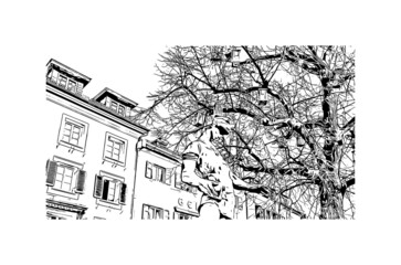 Building view with landmark of Lienz is the 
town in Austria. Hand drawn sketch illustration in vector.